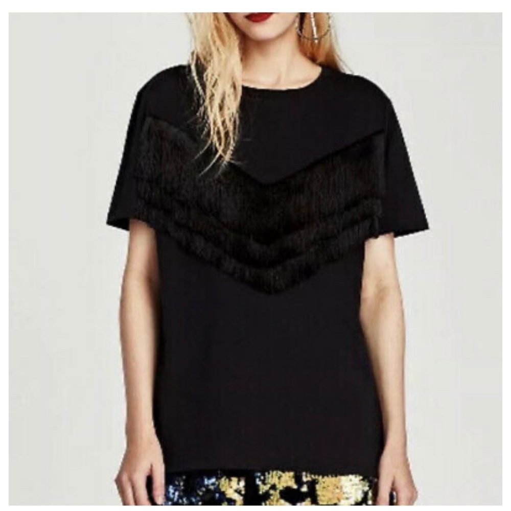 Zara TRAFALUC Women’s Fringe Front Black Top Size Medium